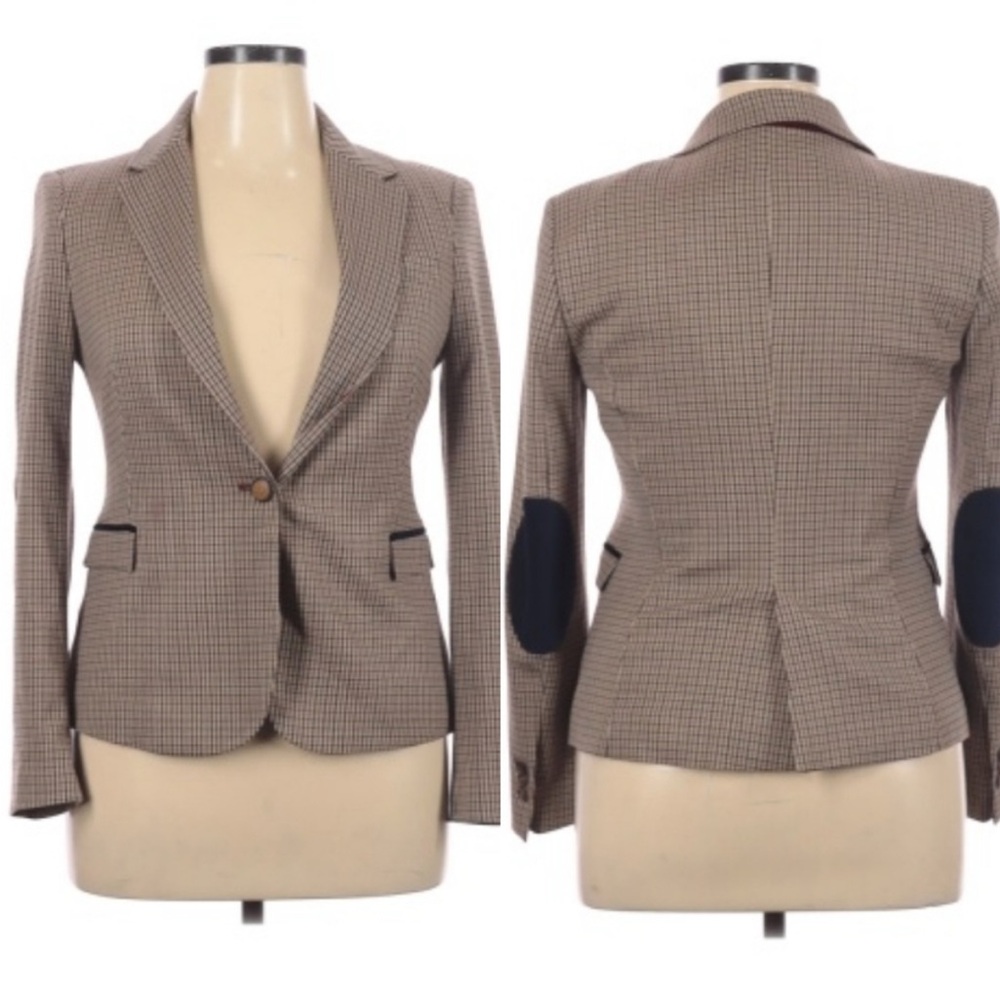 Zara Brown Checkered Blazer with Navy Elbow Patches